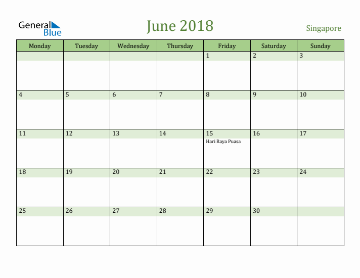 June 2018 Calendar with Singapore Holidays