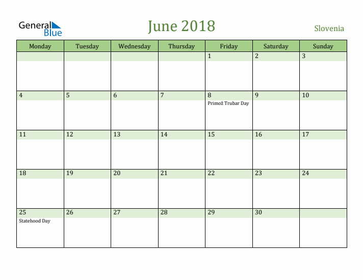 June 2018 Calendar with Slovenia Holidays