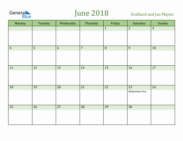 June 2018 Calendar with Svalbard and Jan Mayen Holidays