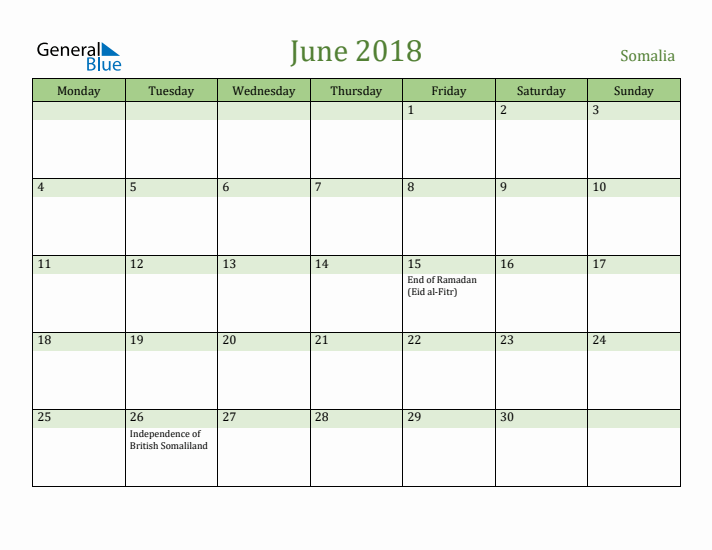 June 2018 Calendar with Somalia Holidays