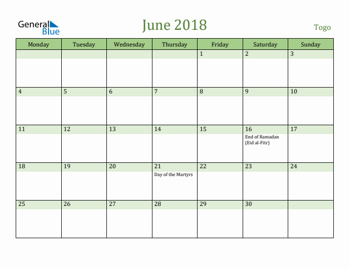 June 2018 Calendar with Togo Holidays