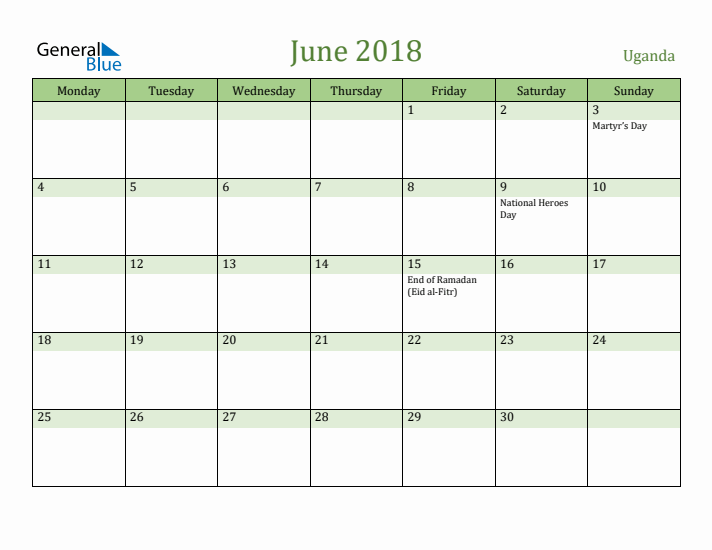 June 2018 Calendar with Uganda Holidays