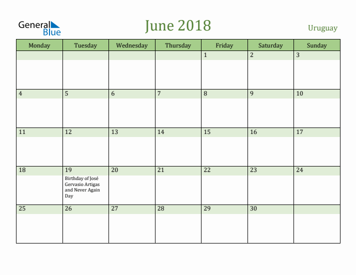 June 2018 Calendar with Uruguay Holidays