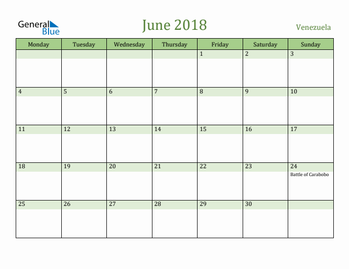 June 2018 Calendar with Venezuela Holidays