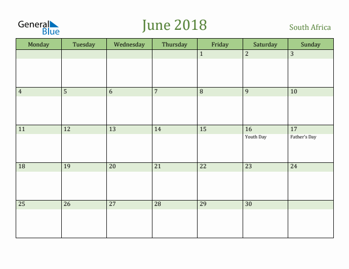 June 2018 Calendar with South Africa Holidays