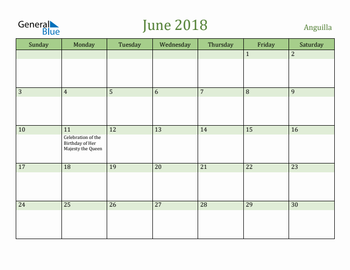 June 2018 Calendar with Anguilla Holidays