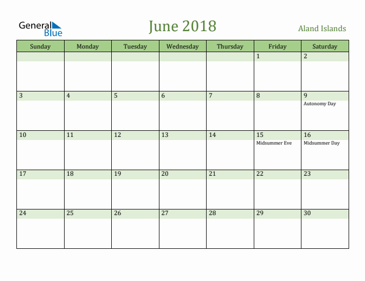 June 2018 Calendar with Aland Islands Holidays