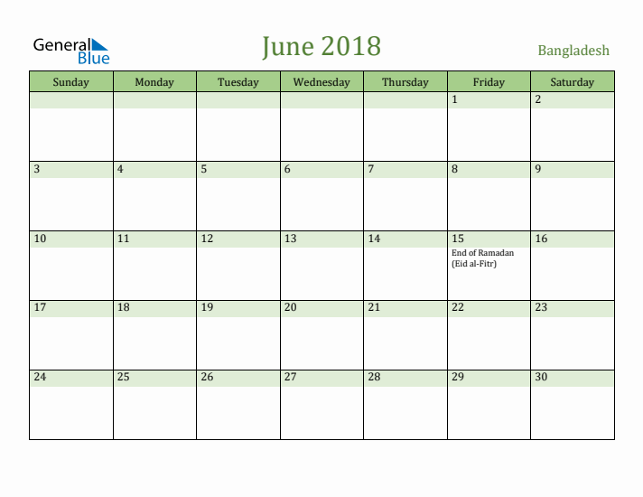 June 2018 Calendar with Bangladesh Holidays