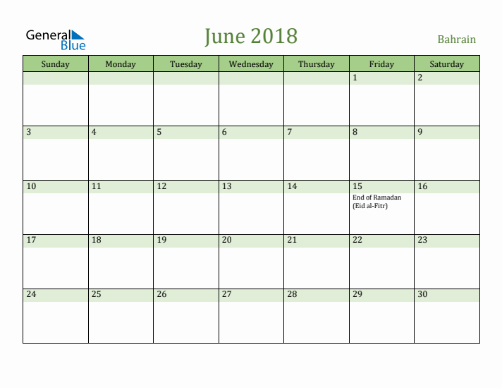 June 2018 Calendar with Bahrain Holidays