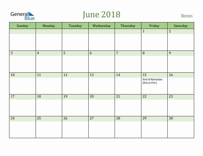 June 2018 Calendar with Benin Holidays