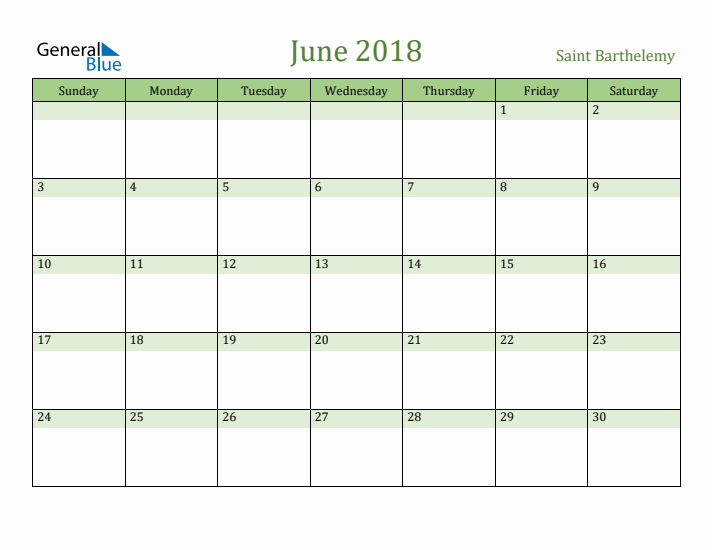 June 2018 Calendar with Saint Barthelemy Holidays