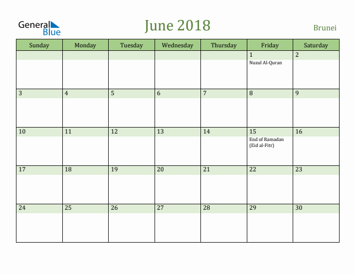 June 2018 Calendar with Brunei Holidays