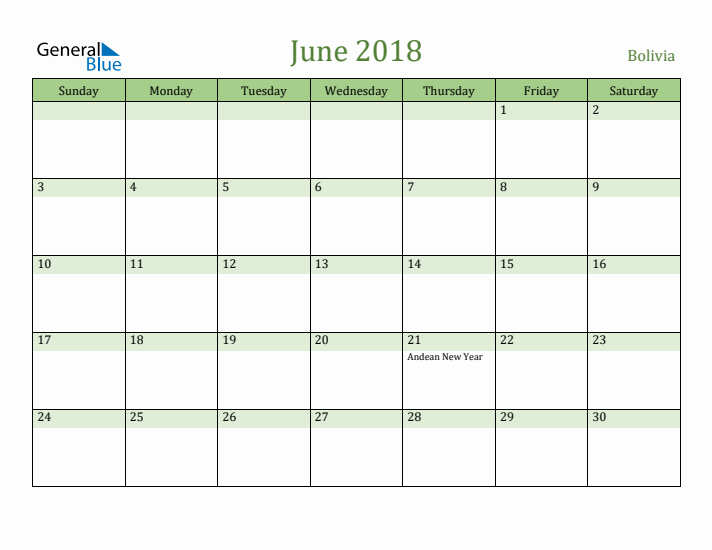 June 2018 Calendar with Bolivia Holidays