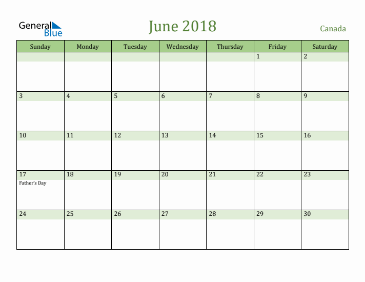 June 2018 Calendar with Canada Holidays
