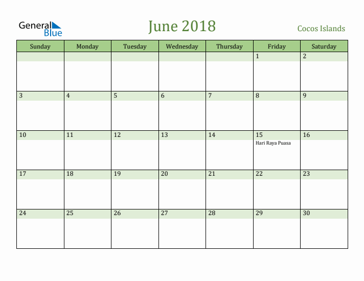 June 2018 Calendar with Cocos Islands Holidays