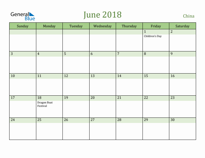 June 2018 Calendar with China Holidays