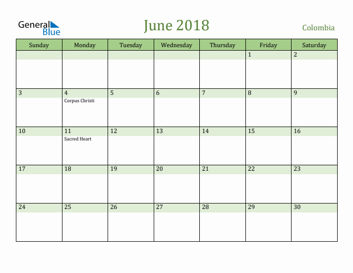 June 2018 Calendar with Colombia Holidays
