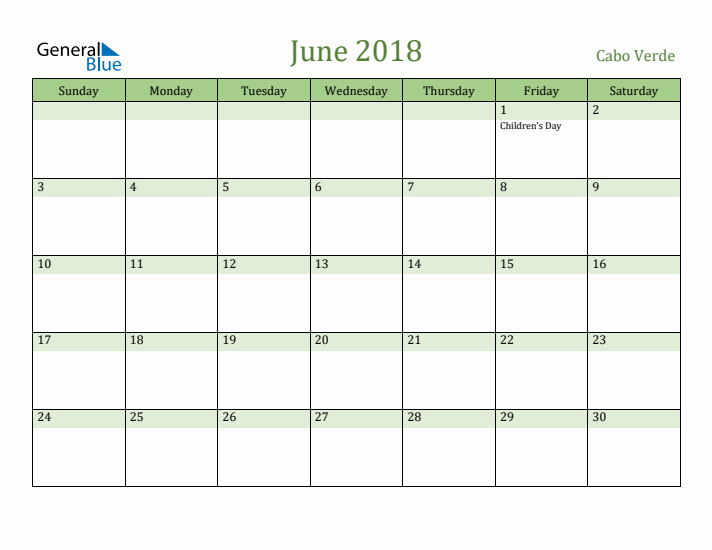 June 2018 Calendar with Cabo Verde Holidays