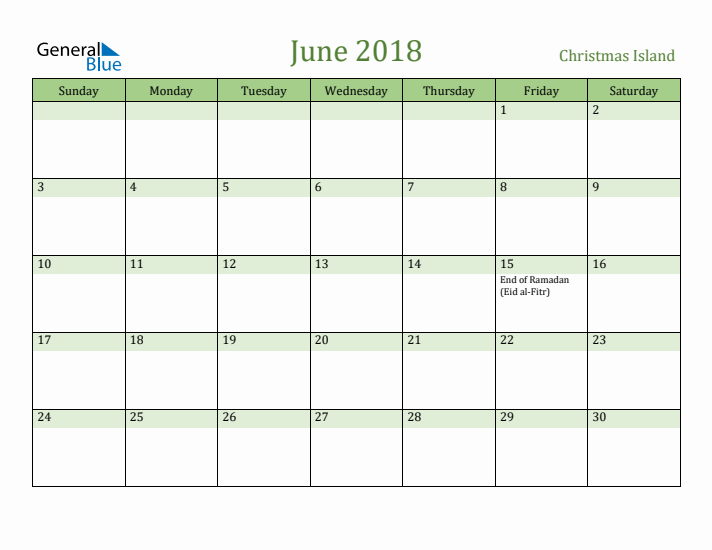 June 2018 Calendar with Christmas Island Holidays
