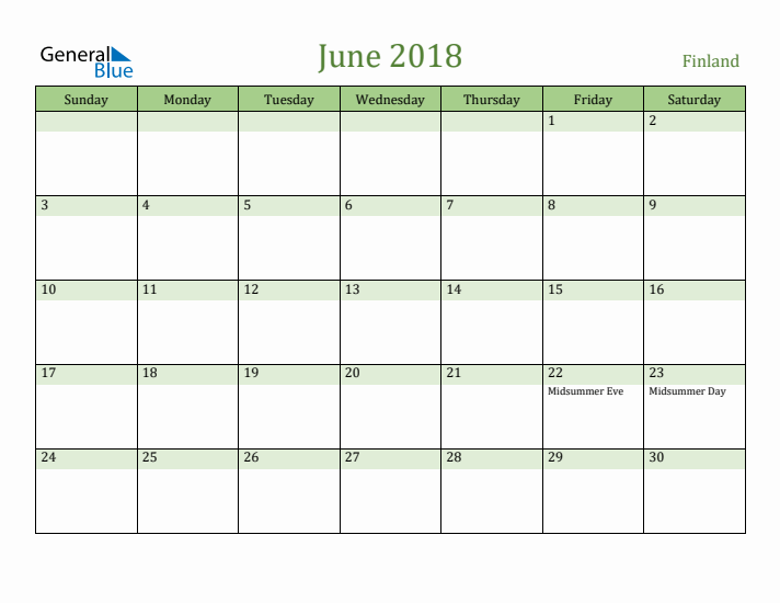 June 2018 Calendar with Finland Holidays