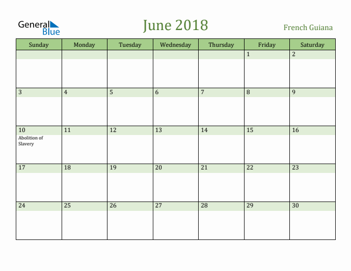 June 2018 Calendar with French Guiana Holidays