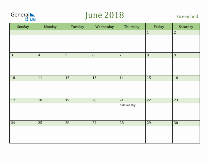 June 2018 Calendar with Greenland Holidays