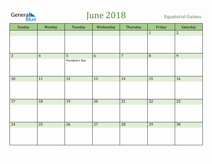 June 2018 Calendar with Equatorial Guinea Holidays