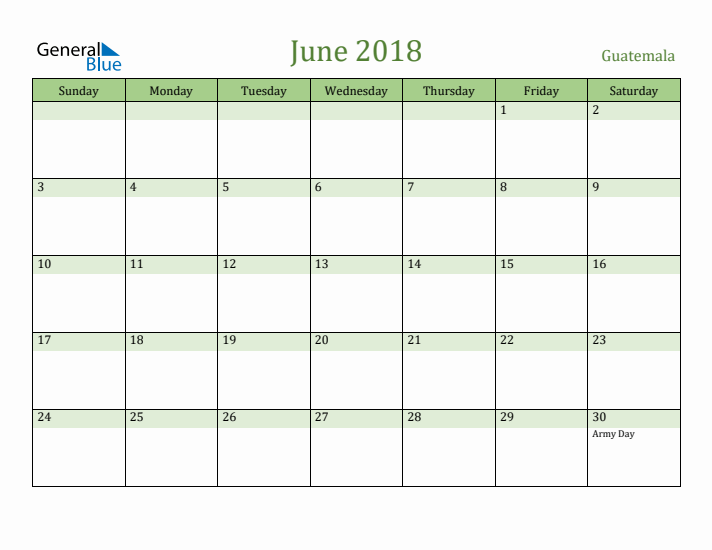 June 2018 Calendar with Guatemala Holidays