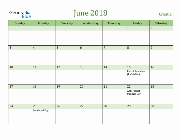 June 2018 Calendar with Croatia Holidays