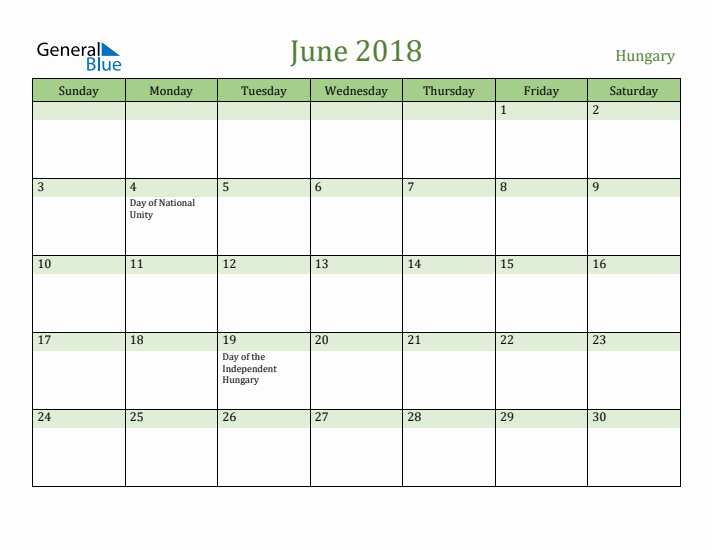 June 2018 Calendar with Hungary Holidays