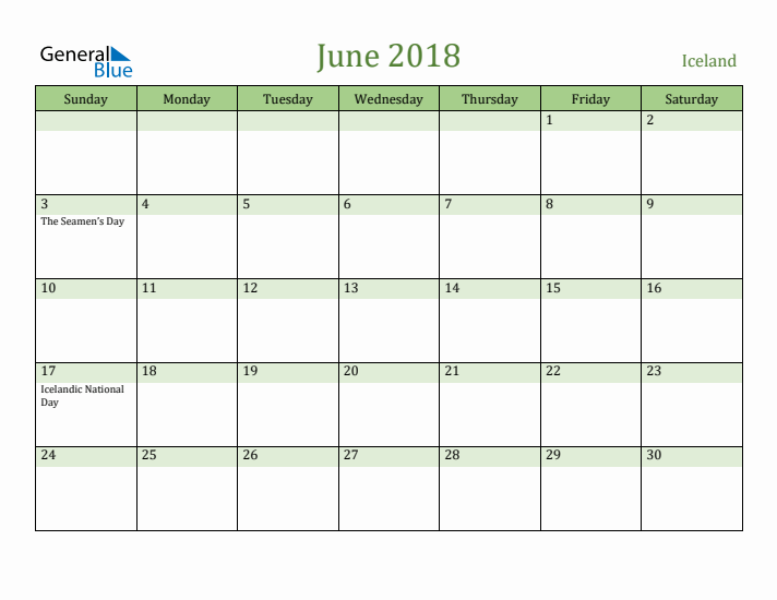 June 2018 Calendar with Iceland Holidays