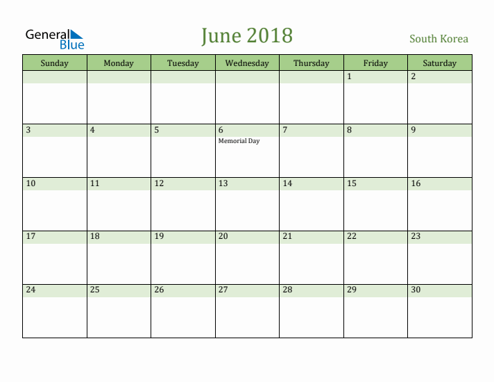 June 2018 Calendar with South Korea Holidays