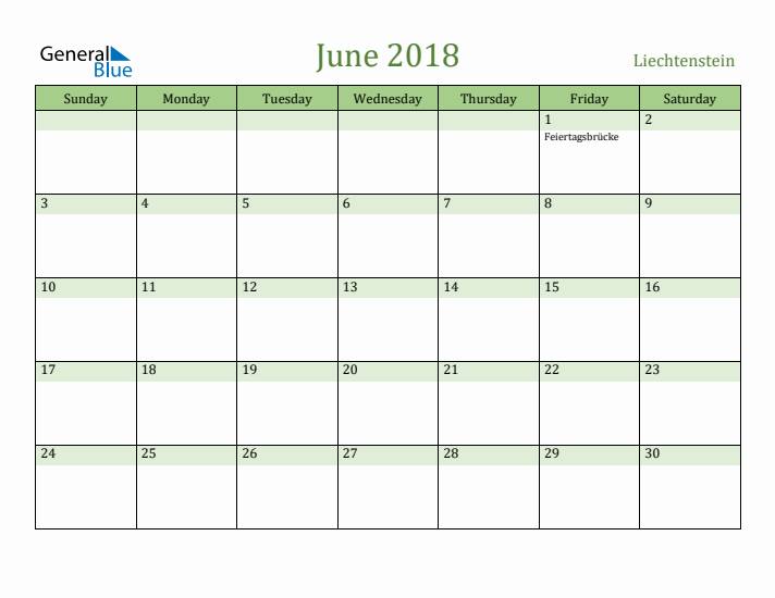 June 2018 Calendar with Liechtenstein Holidays