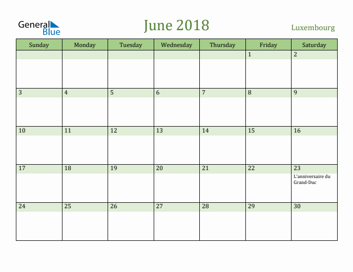 June 2018 Calendar with Luxembourg Holidays