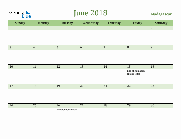 June 2018 Calendar with Madagascar Holidays