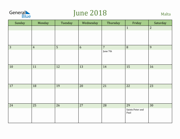 June 2018 Calendar with Malta Holidays