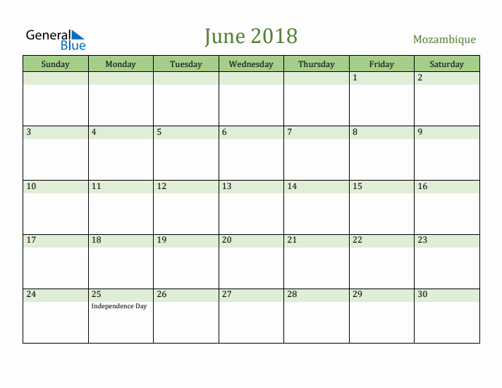June 2018 Calendar with Mozambique Holidays
