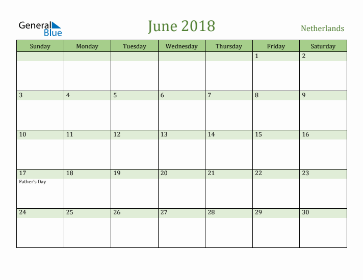 June 2018 Calendar with The Netherlands Holidays