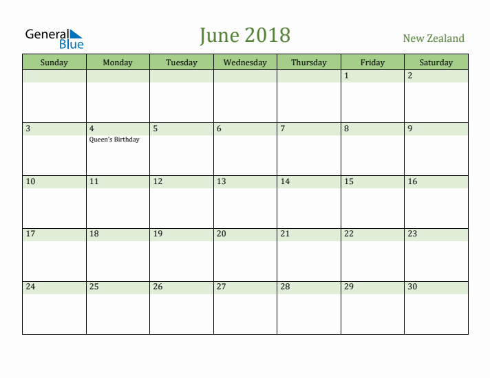 June 2018 Calendar with New Zealand Holidays