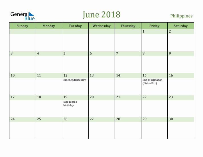 June 2018 Calendar with Philippines Holidays
