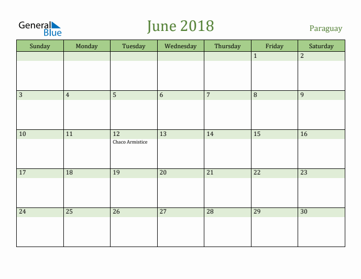 June 2018 Calendar with Paraguay Holidays