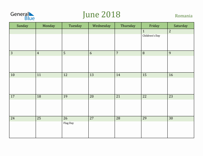 June 2018 Calendar with Romania Holidays