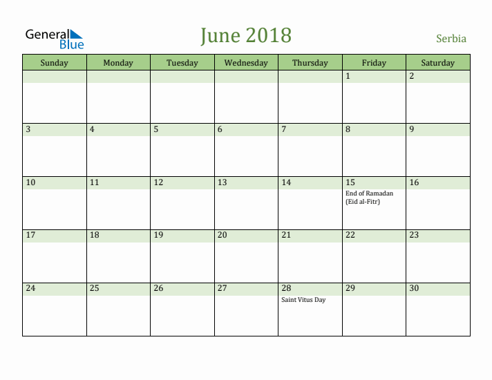 June 2018 Calendar with Serbia Holidays