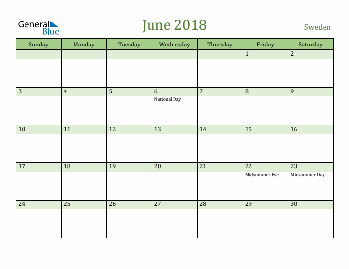 June 2018 Calendar with Sweden Holidays