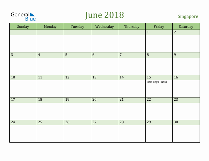 June 2018 Calendar with Singapore Holidays