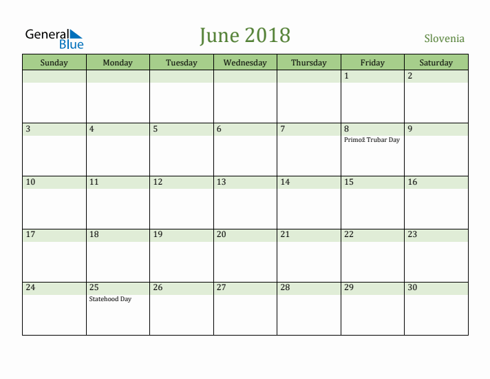 June 2018 Calendar with Slovenia Holidays
