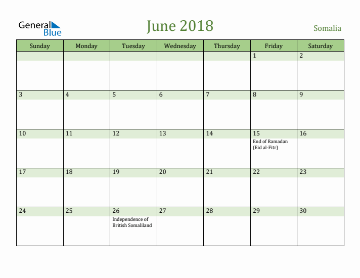 June 2018 Calendar with Somalia Holidays