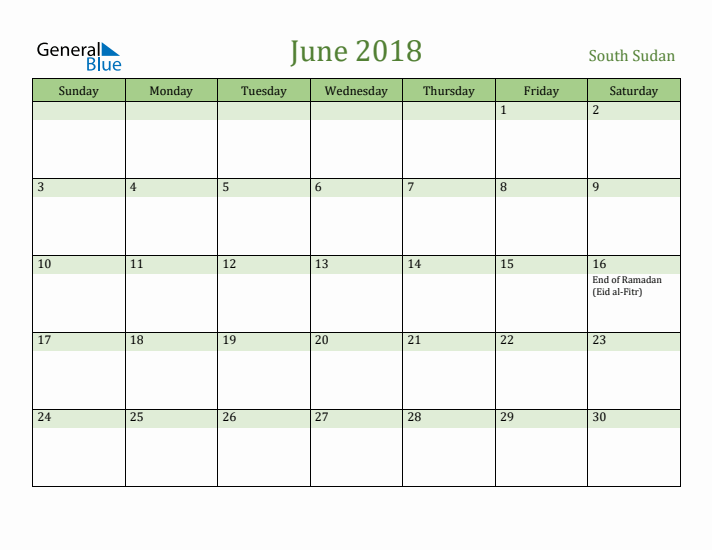 June 2018 Calendar with South Sudan Holidays