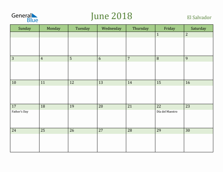 June 2018 Calendar with El Salvador Holidays