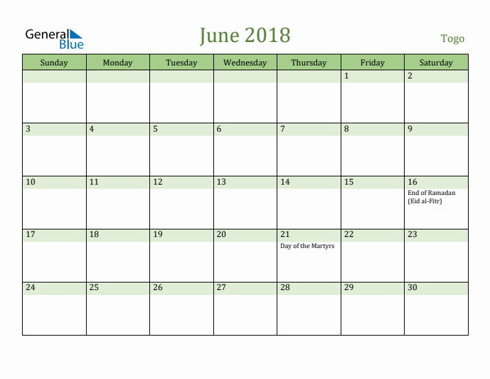 June 2018 Calendar with Togo Holidays